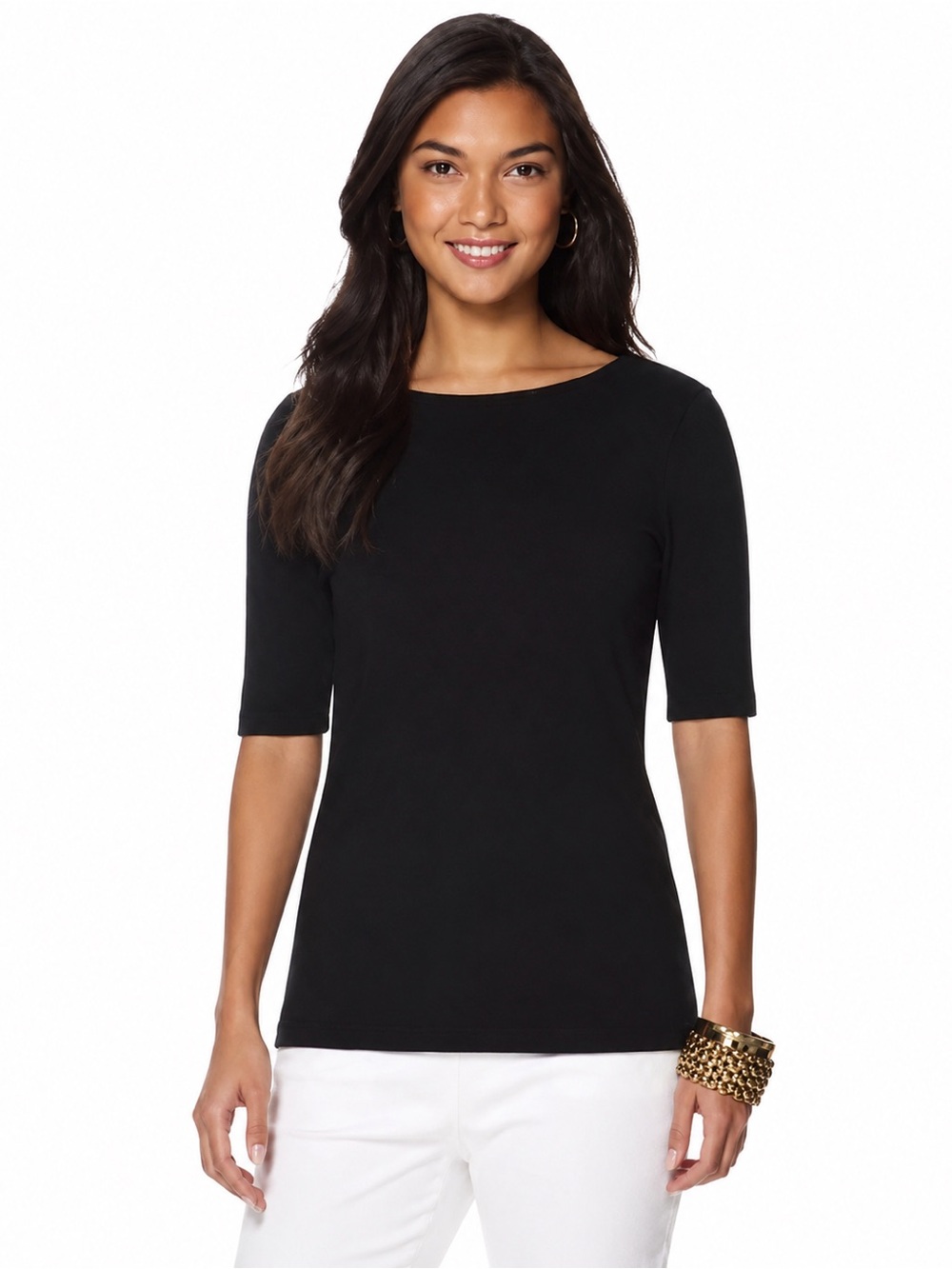 CHAPS Black Crisscross Scoop Neck Top Women’s Medium Stretch Knit Classic Chic
